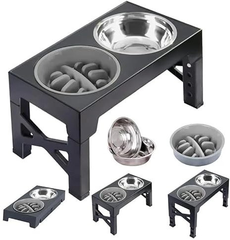 DicePro Raised Dog Bowl – Elevated Dog Bowl Feeder with 2 x 1.5L Stainless Steel Bowls & Slow Feeder – Adjustable Height – Non-Slip Stand – Easy to Clean – for Small, Medium & Large Dogs (Black)