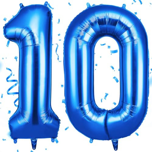 OFFCUP Blue Number 10 Balloons, 40 Inch Large Foil Number 1 & 0 Balloons, Self Inflating 10th Birthday Balloon for 10 Year Old Men Women Anniversary Birthday Party Decorations Supplies