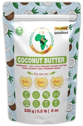Africanada Foods Authentic Raw Coconut Butter | Butter | For DIY Face, Body, Hands | Unrefined | 100% Pure| Organic from Africa | Resealable Bag | 0.5 LB (230g)