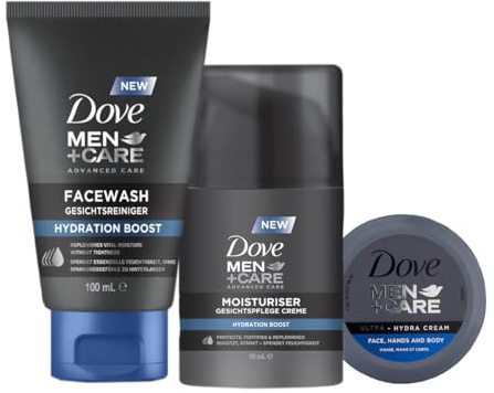 DOVE MEN + CARE Moisturiser Hydration Boost - Facial Cleanser - 100 ml, Face Cream - Protects, Strengthens and Moisturises, 50 ml & Ultra Hydra Cream - Moisturising Effect for Face Hands Body, 75 ml