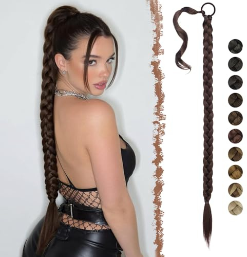FESHFEN Geflochtener Zopf Haarteil - Braun Braid Extensions Pferdeschwanz mit Haargummi Kunsthaar Lang Geflochten Ponytail Synthetik Haare Zöpfe zum Einflechten für Damen, 65 cm