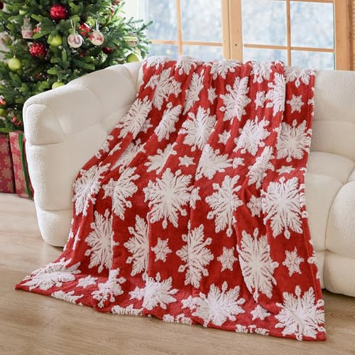 WONGS BEDDING Manta de Navidad cálida y gruesa para invierno, reversible, color rojo, suave, cobija de copo de nieve, acogedora manta de Navidad para cama, sofá, 150 x 200 cm