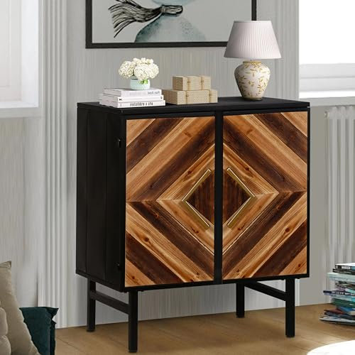 Hoeneo Armario de almacenamiento rústico para entrada con puertas de madera y estantes de 2 niveles, gabinete de almacenamiento de metal para baño, cocina, garaje, despensa, aparador, zapatero,
