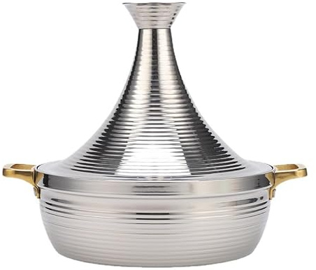 Yiustldd Marmite à tajine en Acier Inoxydable avec Couvercle fermé en Forme de cône, poêle à mijoteuse antiadhésive avec 2 poignées pour cuisinière à gaz à Induction,Argent,32cm