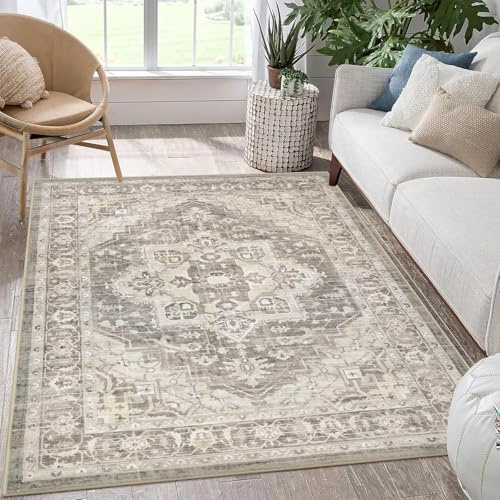 SHACOS Washable Area Rug, Large Boho Living Room Area Rugs, Soft Vintage Bedroom Rug Carpet, Non Slip Low-Pile Distressed Accent Rug for Dining Room Entryway Dorm, Natural Brown Sage 80 x 150 cm