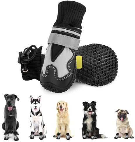 Eyein Hundeschuhe Pfotenschutz Winter, 2 Stück Wasserabweisend Windschutz Hundeschuhe mit warmem Fleece und hohem Design, Reflektierende und rutschfeste Hunde Schuhe Outdoor (Größe 1, Weiße Nähte)