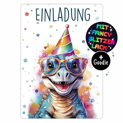 CALLUNA® Dinosaurier GLITZER Einladungskarten Kindergeburtstag Mädchen - 12 Stück - Witzige Alpaka Geburtstag Einladungen mit echtem Glitzerlack - Einladungskarten Teenager Jungen