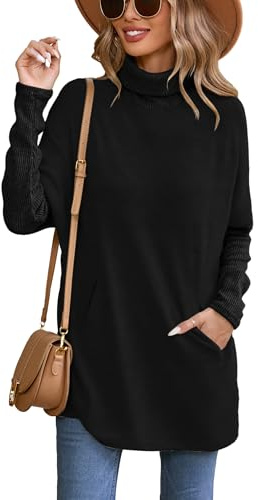 Famulily Black Longline Jumpers for Women's Autumn Winter, Loose Fitted Turtleneck Sweaters with Pockets (M, Black)