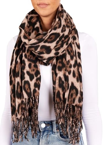 BRUBAKER Cashmirillo Echarpe Femme Léopard - 70 x 200 cm - Chaude, Douillette et Oversized - Echarpe en Laine Léopard pour l'Automne et l'Hiver - Douce en Cachemire - Beige Noir