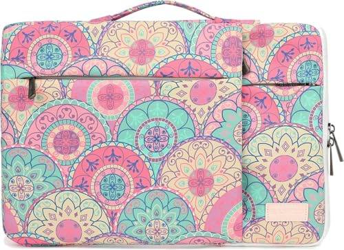SANFAN Housse de protection pour ordinateur portable 360° avec 3 poches, poignée et sangle pour bagages, motif soleil, lune et étoiles sur fond bleu marine