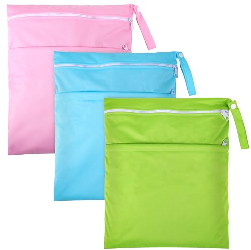 Huiguli wasserdichte Stoffwindeln Nasstaschen, 3 Stück Wiederverwendbare Wetbag, Große Wet Dry Cloth Windeltasche mit Reißverschluss für Baby Schwimmen, Reisen, Fitnessstudio(GrüN Blau Rosa)