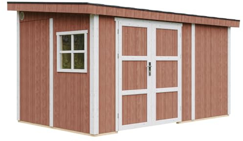 Casetta da giardino di qualità premium 8,68 m² - H231x248x412 cm - Costruzione in pannelli LP Smartside - Senza pavimento e parete laterale - Timbela M939B-REDWOOD RED