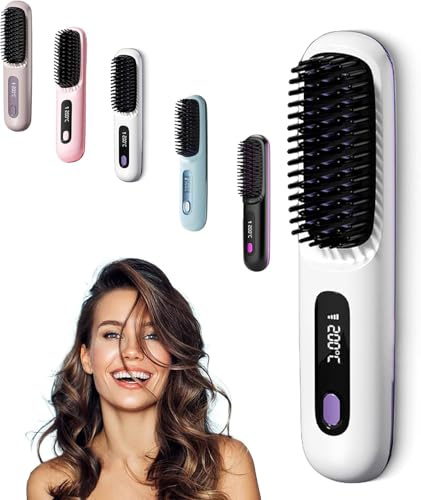 lättbürste,Verbrühungsschutz Glätteisen,Glättungskamm verhindert Haarziehen,Tragbarer Mini Heißer Kamm für Haarstyling,Wiederaufladbare Beheizte Bürste für die Reise und den Täglichen Gebrauch-Weiß