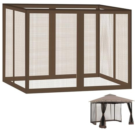 Zanzariera di ricambio universale per gazebo da esterni, robusta rete a rete con 4 cerniere a parete e ganci, ideale per patio, giardino, tenda a baldacchino, marrone, 3 x 3,6 m