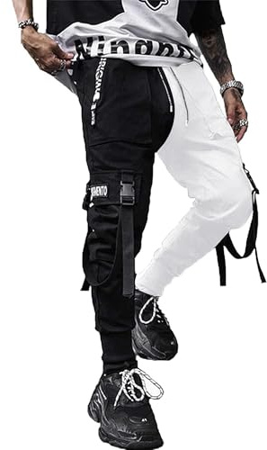 XYXIONGMAO joggingbyxor för män Techwear Hip Hop harembyxor streetwear taktiska träningsbyxor, Svart och vitt, S