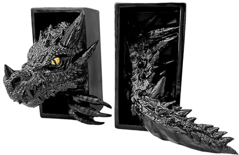 Dragon Bookshelf Decor Gothic Fantasy Bookends Black Animal Statues for Shelves Book Lovers Gifts Unique Resin Shelf Holder Set (10*6.1*4.9) Home Office Decorative
