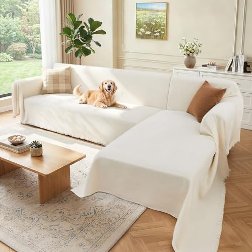 Houmiggle Sectional Couch Covers, 2 Pieces Washable L Shaped Couch Covers Sofa Blanket for Dogs Pet Friendly Sectional Sofa Slipcovers Furniture Covers,71x 110+ 71x 118,(X-Large,Cream White)