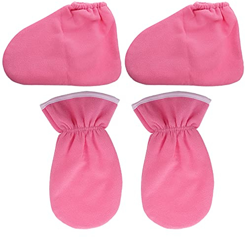Guanti e Copriscarpe per Cera di Paraffina 4 Pezzi Rosa | Poliestere e Flanella, Lavabili e Leggeri, per Trattamento a Casa su Mani e Piedi