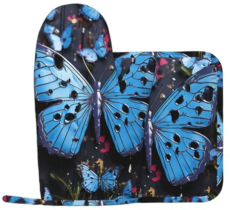 Lot de 2 maniques et maniques en silicone résistant à la chaleur Motif papillon Bleu