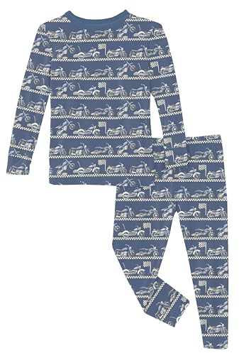 KicKee Print Pajama Set with Long Sleeve Tee, Baby to Kid Viscose from Bamboo Fitted Pajamas (Denim Motorcycles - 6 Years)