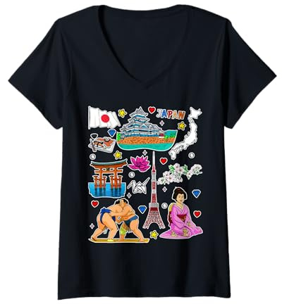 Mujer Iconos de Japón, Torre de Tokio, Mapa, Sumo y Cultura Japonesa Arte Camiseta Cuello V