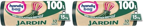 Handy Bag - Sacs poubelle jardin 100L x 10 sacs - Ultra Résistant : supporte jusqu'à 15kg - Film triple épaisseur - Poignées coulissantes pratiques - Étanchéité maximale - 100% plastique recyclé