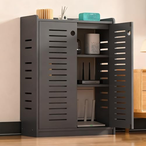 Elegante armario de almacenamiento con enrutador Wi-Fi, gabinete multimedia ventilado con estantes ajustables, diseño de pie para el hogar y la oficina, ventilación mejorada y gestión de cables