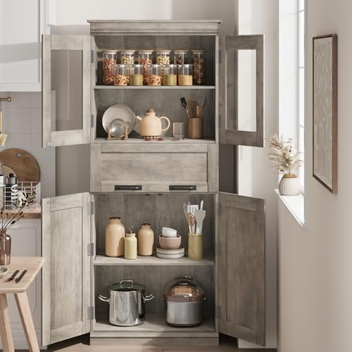 Thaookte Küchenschrank, 170 cm Hoher Mehrzweckschrank, Buffetschrank Mit 4 Türen Und 2 Schubladen, Hochschrank Mit Verstellbaren Regal Für Küche, Wohnzimmer, Esszimmer, Grau