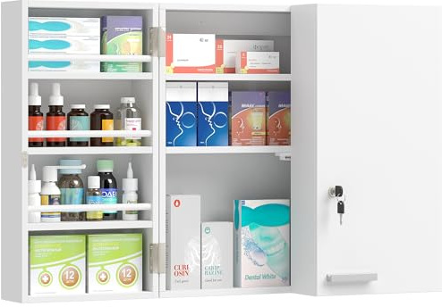 HOMCOM Armadietto Porta Medicinali da Parete con Chiavi, 3 Mensole Interne e 8 Portabottiglie, Mobiletto Medicine in MDF e Metallo, per Cucina, Corridoio, Soggiorno, 53x20x53 cm, Bianco