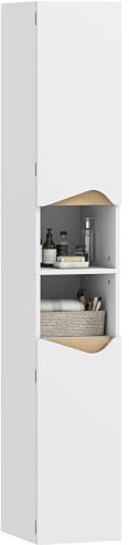 HOMCOM Badezimmerschrank 180,5 cm Hoher Schmal Hochschrank Badschrank mit 2 Türen, 2 Offenen Fächern und Verstellbaren Ablagen, für Badezimmer, Wohnzimmer, Küche Weiß