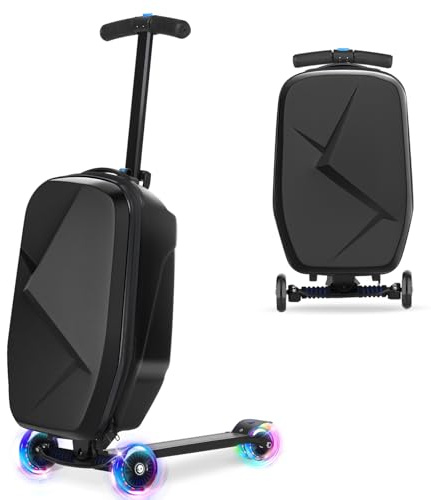 Scooter Koffer, 37L Kinderkoffer mit Roller, Kinderkoffer Handgepäck, Reisekoffer Kinder, Reisetasche Kinder mit Rollen, Hartschalenkoffer Kinderreisetasche mit LED-Leuchträder für Kinder (Schwarz)