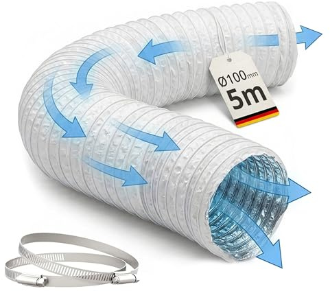 Relaxdays ventilationsslang, 2 rostfria klämmor, Ø 100 mm, 5 m, vit