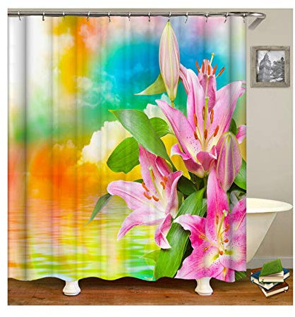 KnSam Anti-Schimmel Wasserdicht Duschvorhang Inkl. 12 Duschvorhangringen Lilie Vorhänge An Badewanne Bad Vorhang für Badezimmer 165 X 180 cm