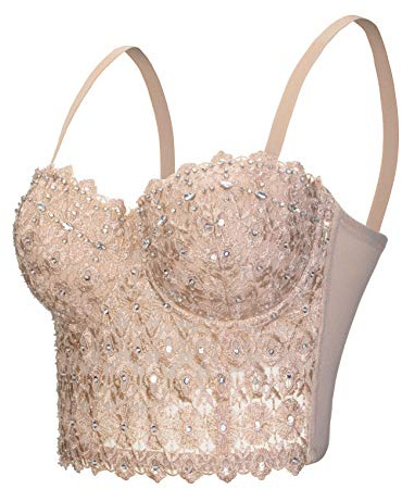 Woboren Intima da Donna con Reggiseno in Strass Argento Lucido da Donna (Beige, L)