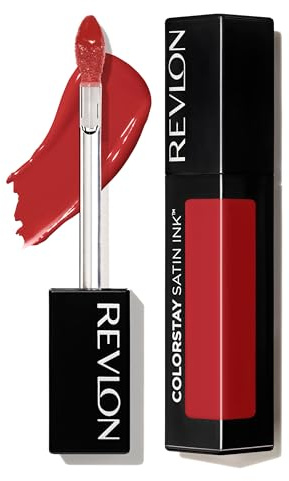 Revlon, flüssiger Lippenstift, Gesichtsmakeup, ColorStay Satin Ink, langanhaltende kräftige Lippenfarben, formuliert mit schwarzem Johannisbeersamenöl, 018 Fired Up, 0,17 Fl Oz