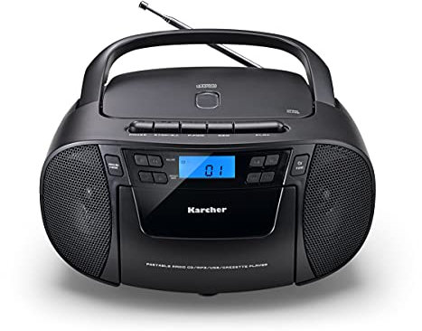 Karcher RR 5045 tragbares CD Radio (Boombox mit CD-Player, Kassette, UKW Radio, Netzbetrieb, USB & AUX-In) Schwarz