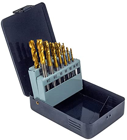 WSH-TOOLS Maschinengewindebohrer Set Sackloch M3, M4, M5, M6, M8, M10, M12 HSSE-Co5 Metallkassette 14-teilig TiN