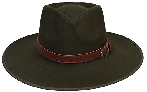 JK Home Fedora-Hut mit breiter Krempe, aus Wollfilz, Panama-Kappe, Einheitsgröße, Unisex, Damen und Herren, schwarzes geflochtenes Lederband, Army Green Leather Ribbon, Einheitsgröße