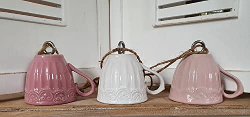 Meisenknödel Aufhängung Tasse Keramik Rosa Hellrosa Weiß 12x8x10 cm, Farbe:Rosa