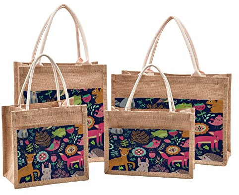Mnsruu Forest Animal Plant Fox Rabbit Jute Tote Bags Women Grocery Shopping Bags with Handles for Outdoor Travel 8.7 x 11.8 x 5.9 inches