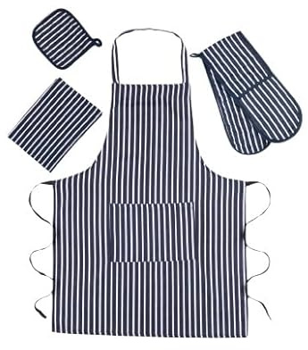 Casa D'Or Double Oven Gloves Set with Apron Heat Resistant Oven Mitts for Home Kitchen Baking and Cooking, Butchers Stripe Pot Pan Tray Double Oven Gloves Set (Navy)