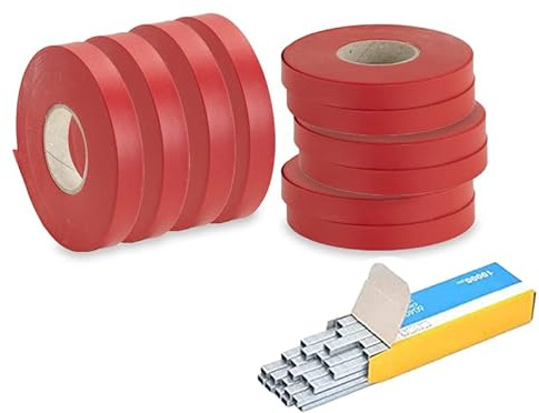 VIRSUS 10 Rotoli di Nastro Lunghezza 16 ml e 240 Micron, Nastri in PVC per Legatrice, Nastri Resistenti per Legare Pomodori, UVA, Fiori, Verdura, Viti + 10.000 Punti Metallici (Rosso)