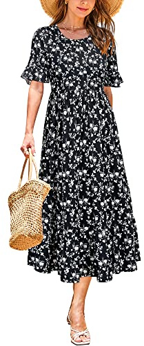 STYLEWORD Women Summer Dress Floral Short Sleeve Ladies Casual Swing Midi Dress with Pockets(Floral12,Medium)