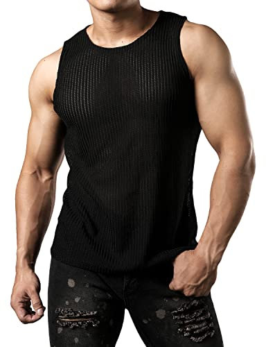 JOGAL Herren Mesh Fitted Sleeveless Muscle Tank Top Schwarz Mittel