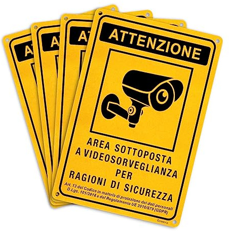 Cartello Telecamera Sorveglianza Alluminio 20x30cm 4pz,Videosorveglianza a Norma Adesivo,Area Videosorvegliata Installazione semplice per Casa Privata Uffici e Aree di Sorveglianza Interne ed Esterne