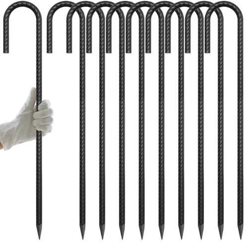 AAGUT 24” Rebar Ground Stakes (10pcs) Heavy Duty 1/2 J Hook Fence Anchors Curved Steel Garden Stake Yard Spikes with Sharp End for Camping Tent,Black Powder Coated | Extra Long Garden Stakes, Metal Ground Anchors with Chisel Point End for Trees, Chain Link Fence, Camping, Greenhouse 10 Pack