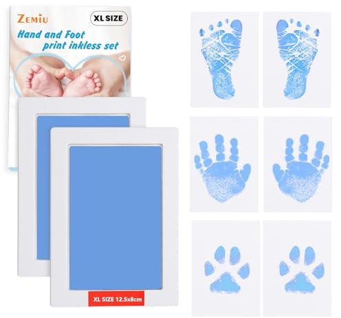 Zemiu XL storlek baby avtrycksset, 2 st baby handavtryck och fotavtryck set ren touch stämpelkuddar för nyfödda/baby shower/familj gåva, tassavtryck set-blå