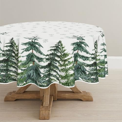 Horaldaily Weihnachten Tischwäsche 150x150 cm Rund, Schnee Bäume grün Tischdecke für Party Picknick Abendessen Dekor
