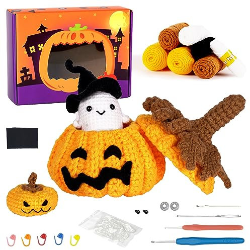 Winmany Häkelset für Anfänger Halloween-Kürbis-Tiere Süßigkeitentasche Häkelset DIY-Geschenk für Anfänger Erwachsene Kinder Anleitung und Video-Tutorials (Kürbis-Bonbontüte)