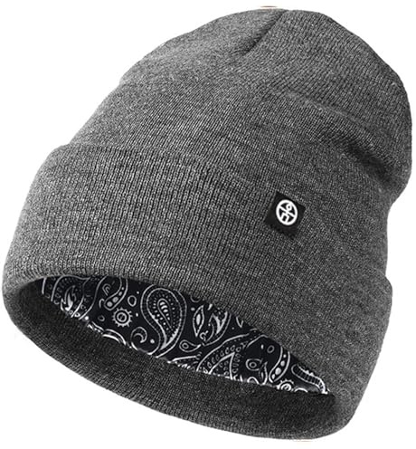 Enwokran Unisex mjuk känsla uppfällbart slokande stickad mössa hatt varm fleece fodrad vintermössa för kallt vått väder, vindtät och varm och stretchig, Mörkgrå2, one size
